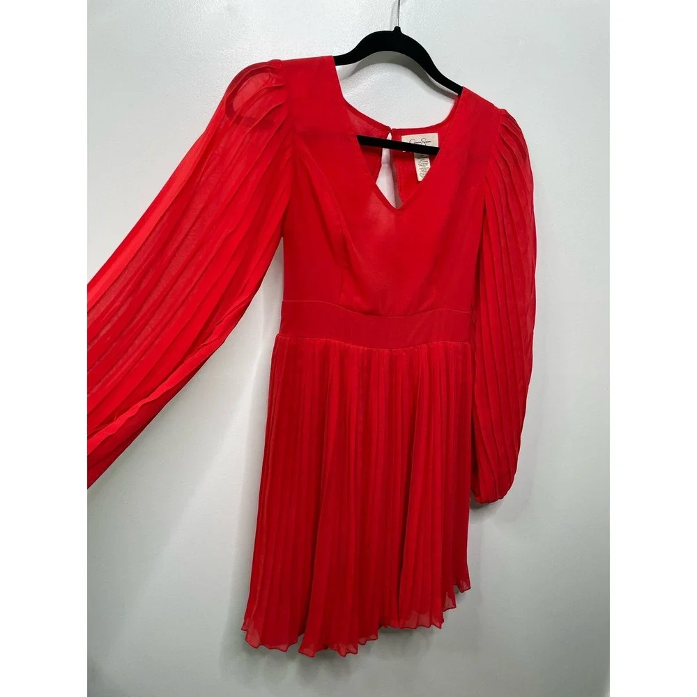 Jessica Simpson Pleated Smocked Long Sleeve Mini Dress Red Holiday‎ Christmas